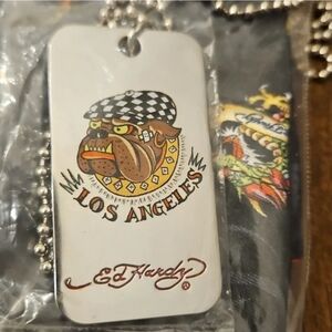 Ed Hardy White Dog Tag Necklace with Colorful Bulldog Graphic